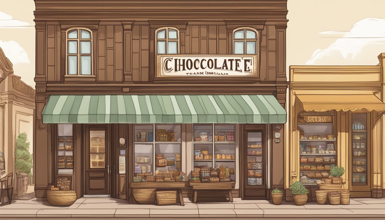 A Texan chocolate shop with a display of decadent treats and a sign highlighting the cultural significance of chocolate in Texas