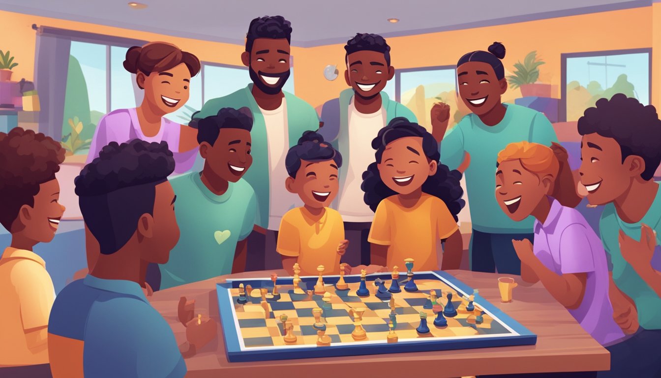 A group of virtual avatars gather around a digital game board, laughing and cheering as they celebrate Father's Day. Each avatar is personalized to represent a different pandemic dad who has stepped up during this challenging time