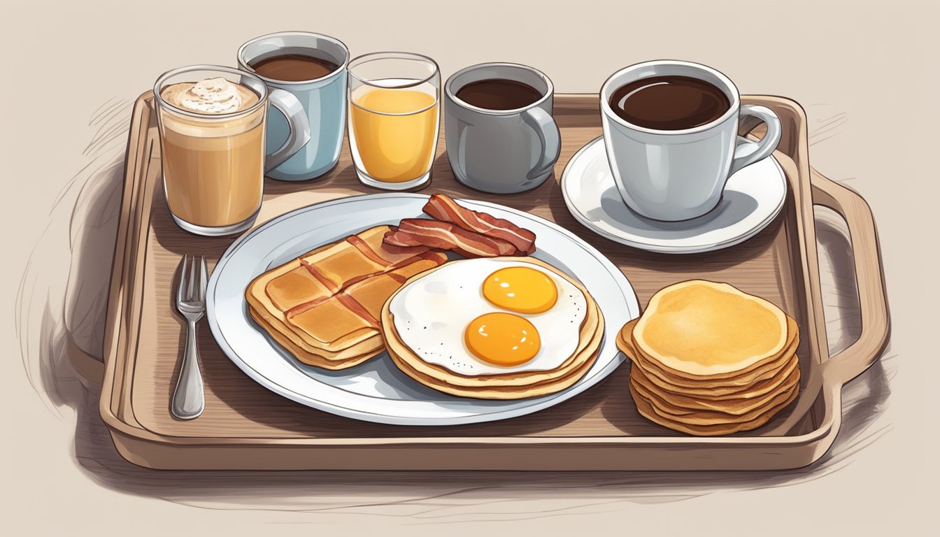 A tray with a hearty breakfast, including pancakes, eggs, bacon, and a cup of coffee, is carefully arranged on a bed with a handwritten note for Father's Day