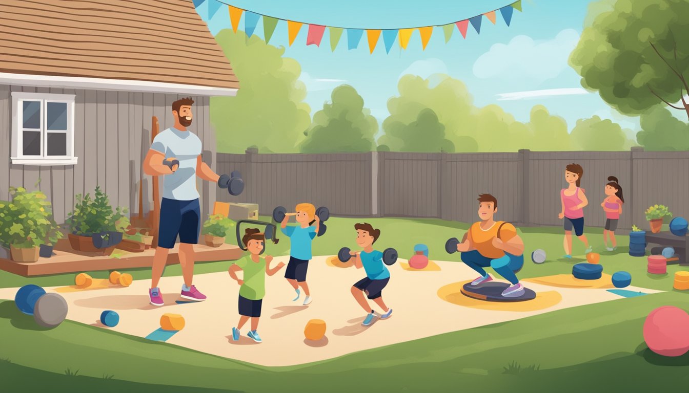 A backyard filled with homemade workout stations, weights, and exercise equipment. A banner reads "Happy Father's Day" as dads lead their families in a fitness bootcamp