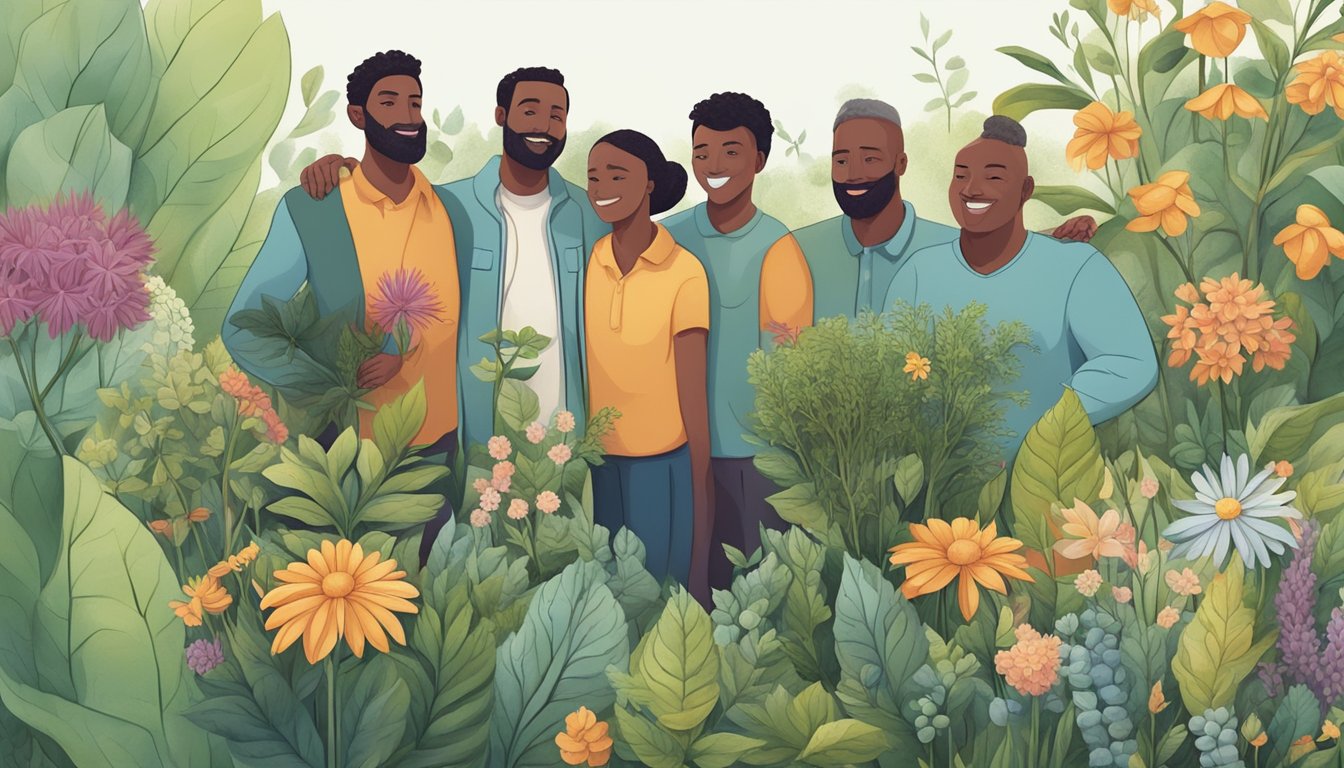 A group of diverse plants growing together in a garden, symbolizing the unity and strength of pandemic dads who have taken on the role of nurturing and caring for their families