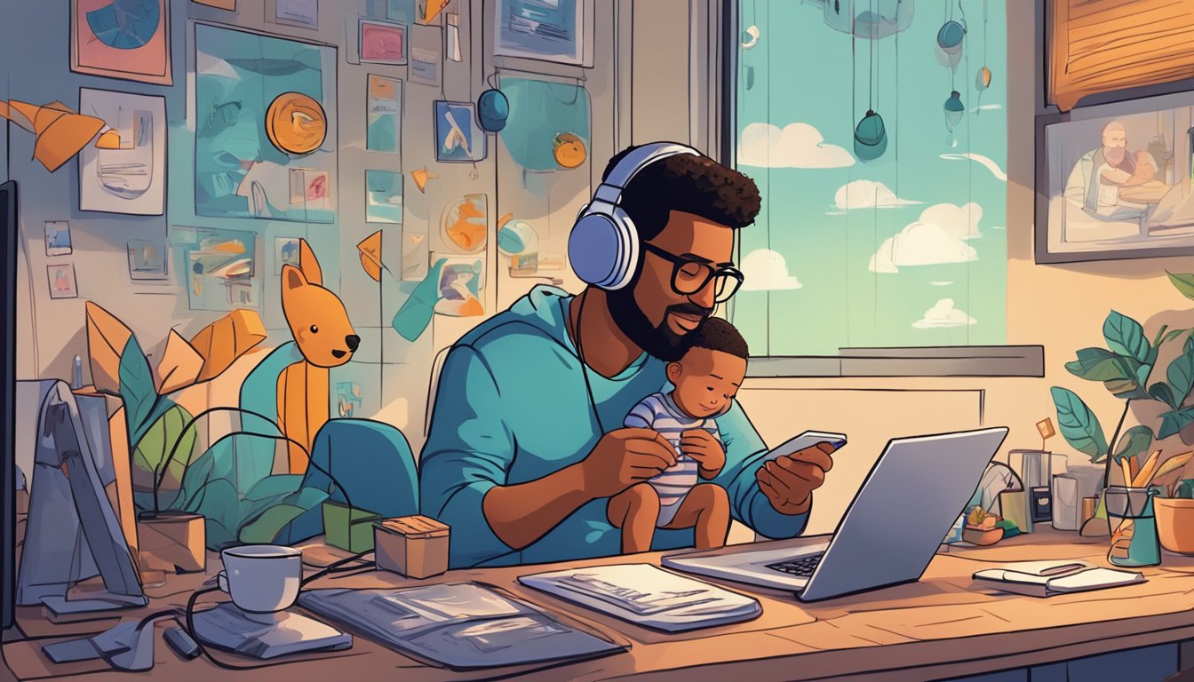 A father and child recording a podcast together, surrounded by symbols of fatherhood and pandemic life