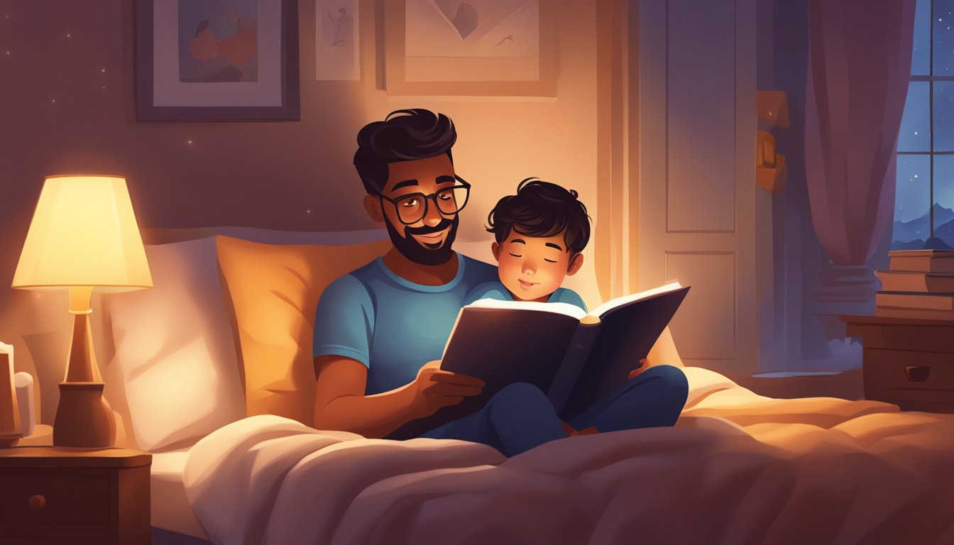 A father reading a bedtime story to his child, surrounded by a cozy, warm glow from the lamp and the soft embrace of a blanket