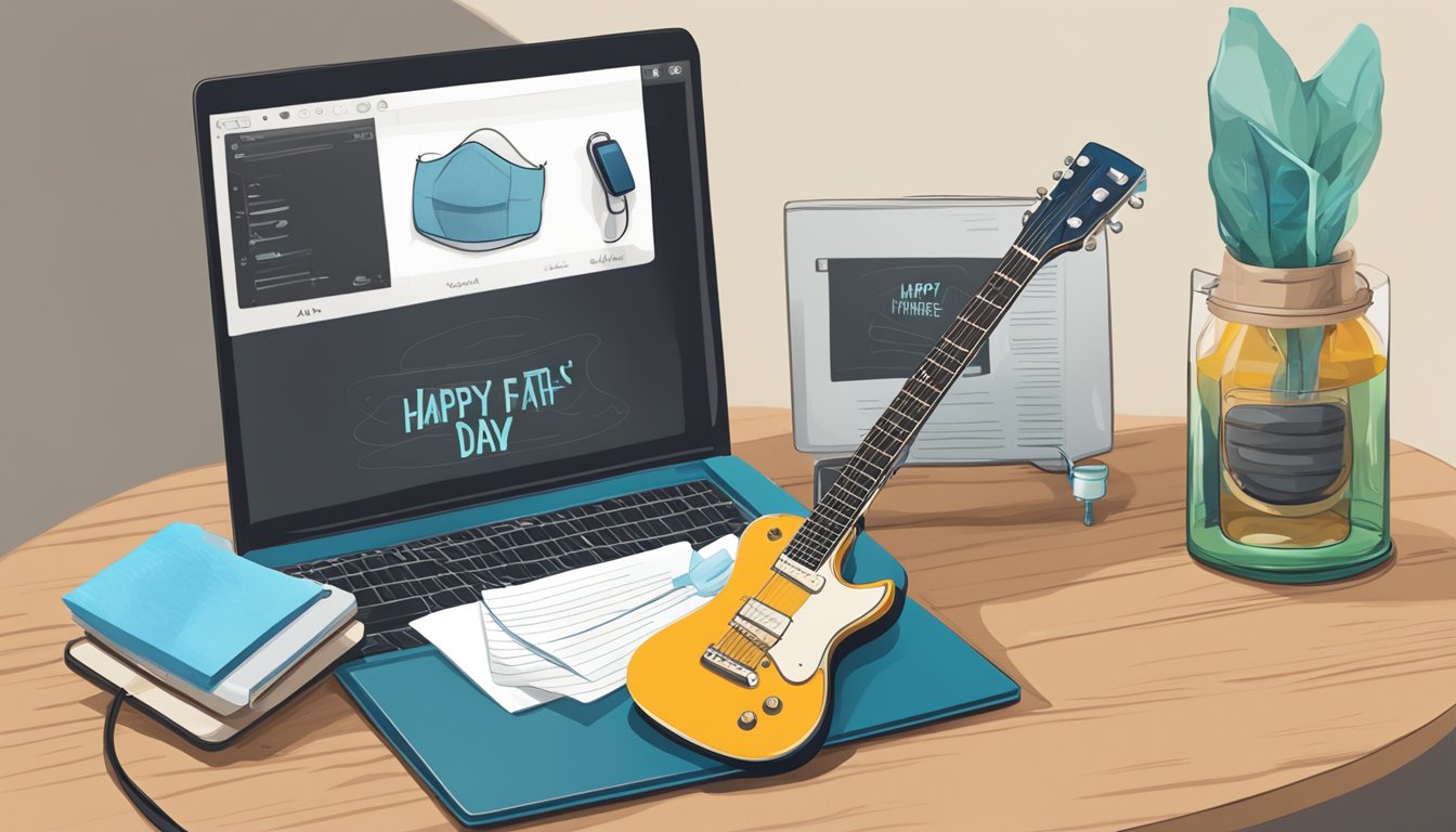 A guitar sitting on a stand with a "Happy Father's Day" note attached, surrounded by a mask, hand sanitizer, and a laptop showing a virtual guitar lesson