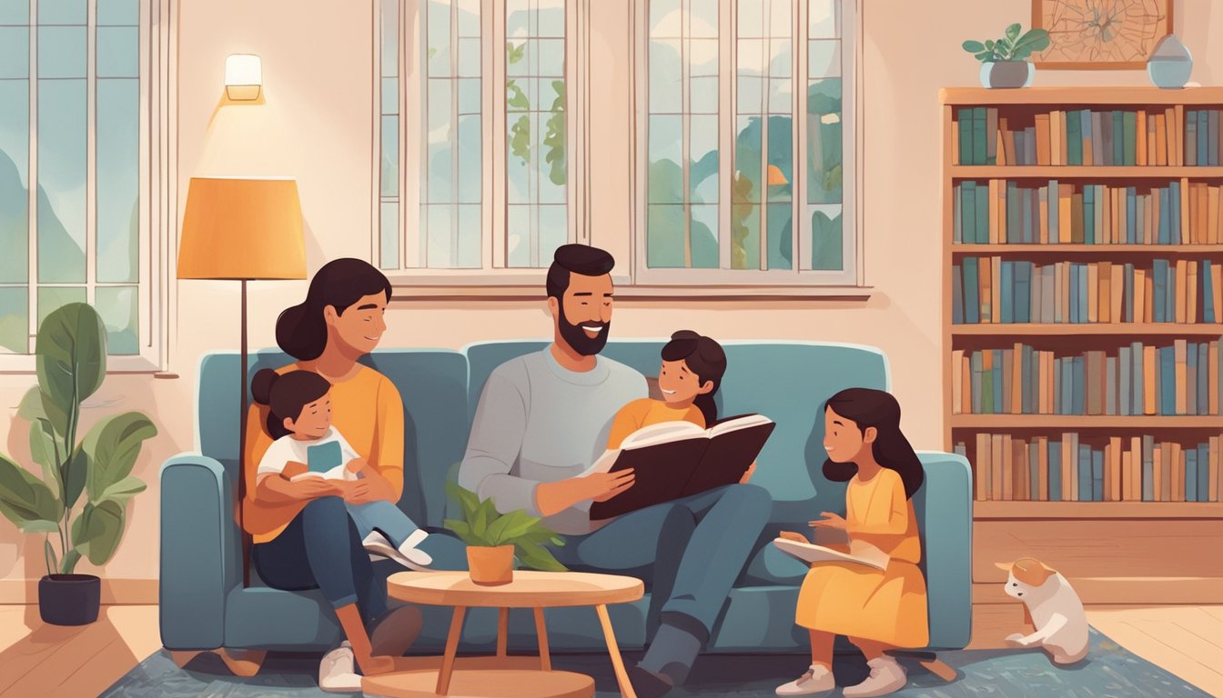 A cozy living room with a bookshelf filled with family favorites. A father and children sit together, discussing a book, surrounded by warmth and love