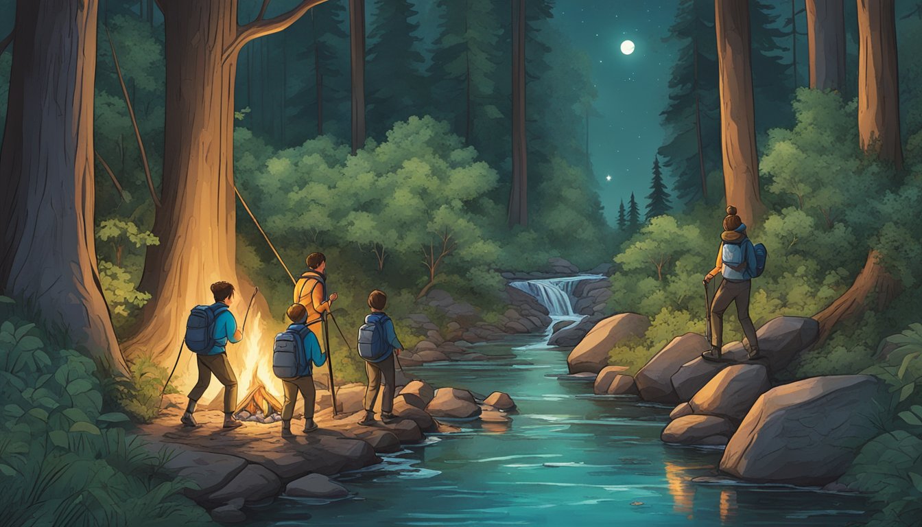 A family hiking through a lush forest, crossing a bubbling stream, and setting up a campfire under the stars