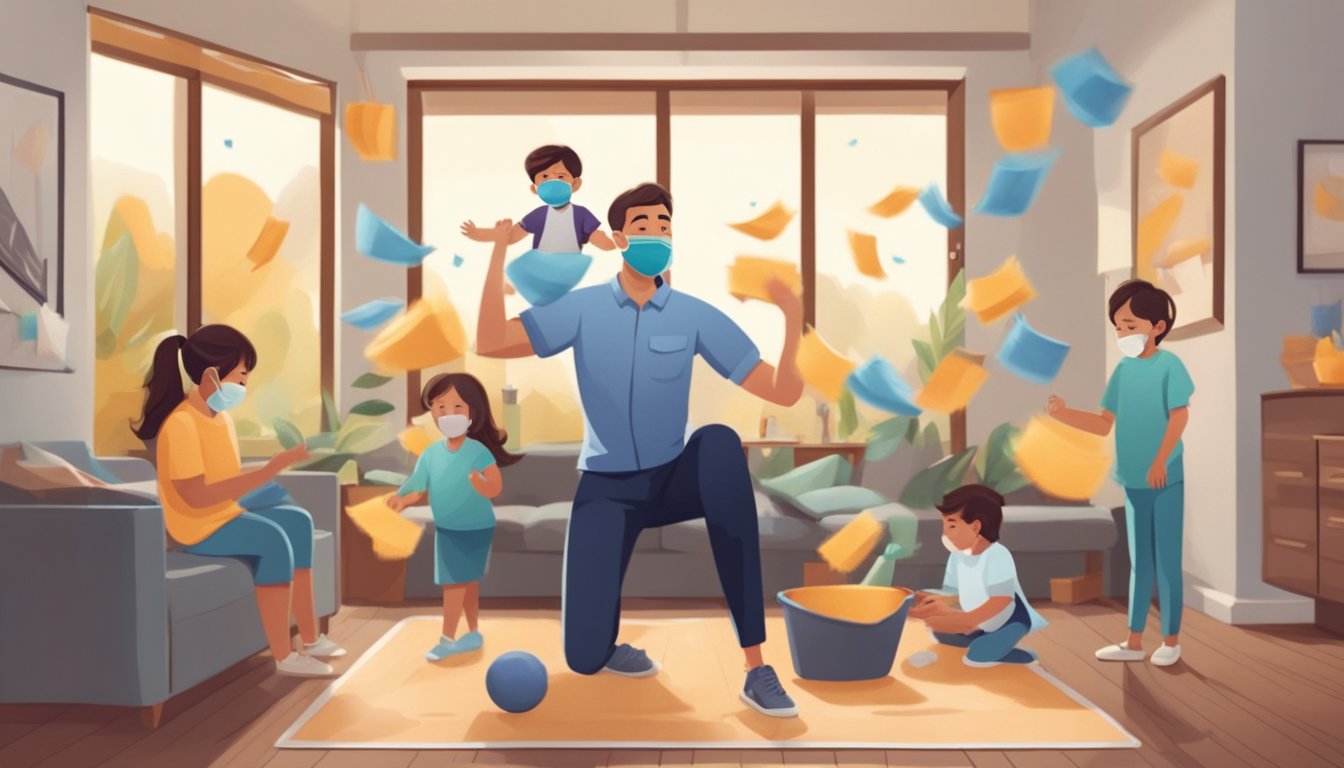 A father surrounded by household chores and childcare duties, wearing a mask and juggling work from home