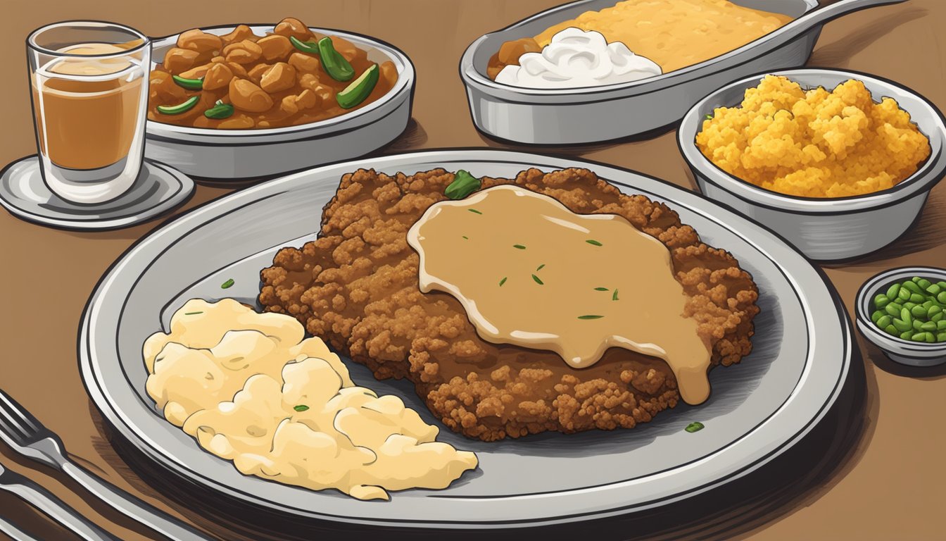 A sizzling chicken fried steak topped with spicy jalapeño gravy, served alongside classic Texas sides like mashed potatoes and cornbread