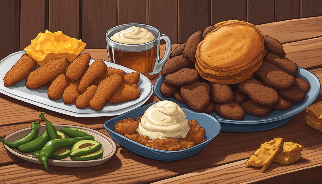 A cowboy hat resting on a wooden table surrounded by a spread of Texas cuisine: BBQ brisket and jalapeno cornbread, chili and cinnamon-spiced sweet potatoes, fried catfish and hushpuppies, pecan pie and bluebell ice cream, and a cold Lone Star beer