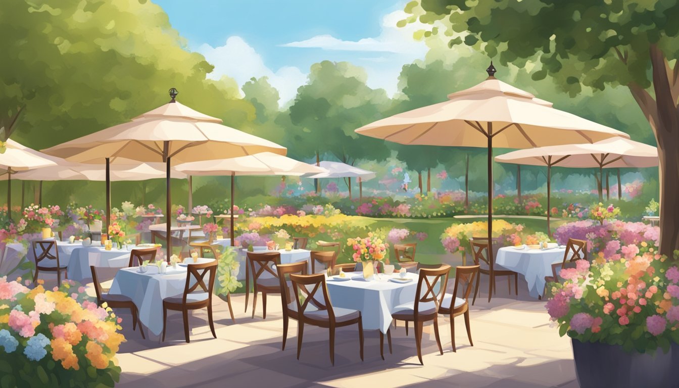 A charming bistro with outdoor seating overlooks a park, where families gather for a special Mother's Day brunch. The sun shines down on the elegant tables adorned with flowers and delicious dishes