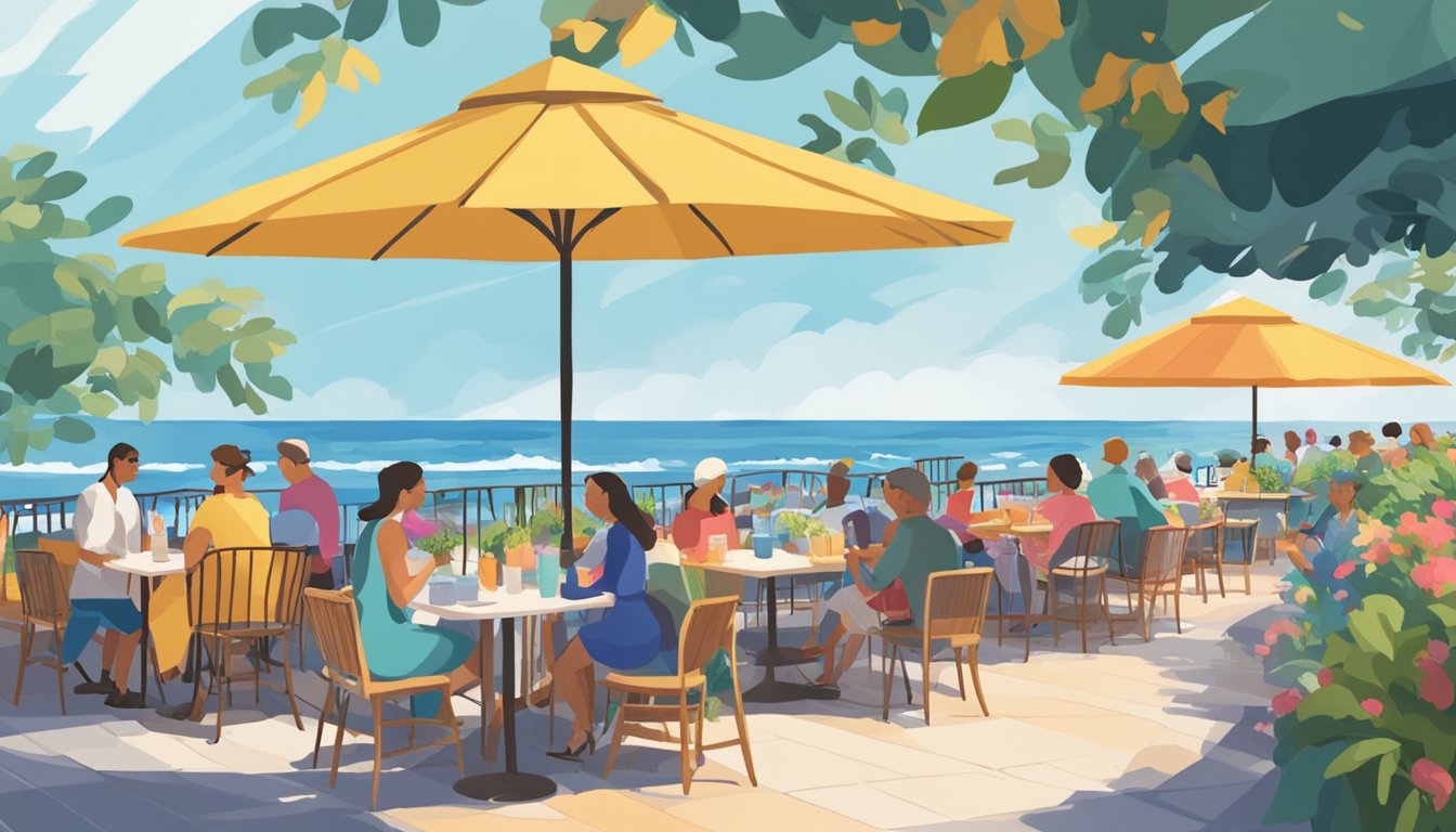 A bustling café overlooking the ocean, with colorful umbrellas shading outdoor tables. Waves crash in the background as patrons enjoy a festive Mother's Day brunch