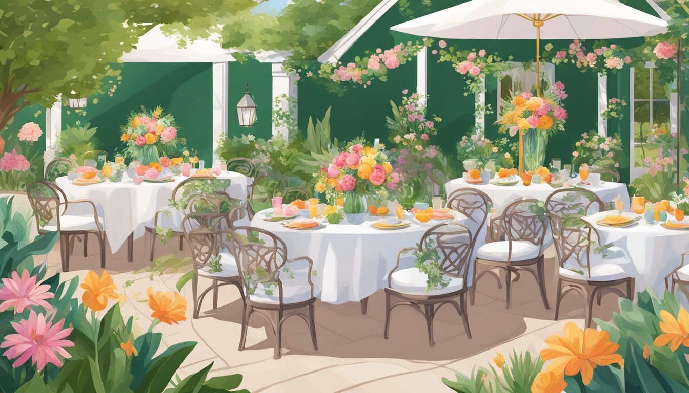 A vibrant garden filled with blooming flowers, lush greenery, and elegant outdoor dining setups, each adorned with delicate Mother's Day brunch decorations