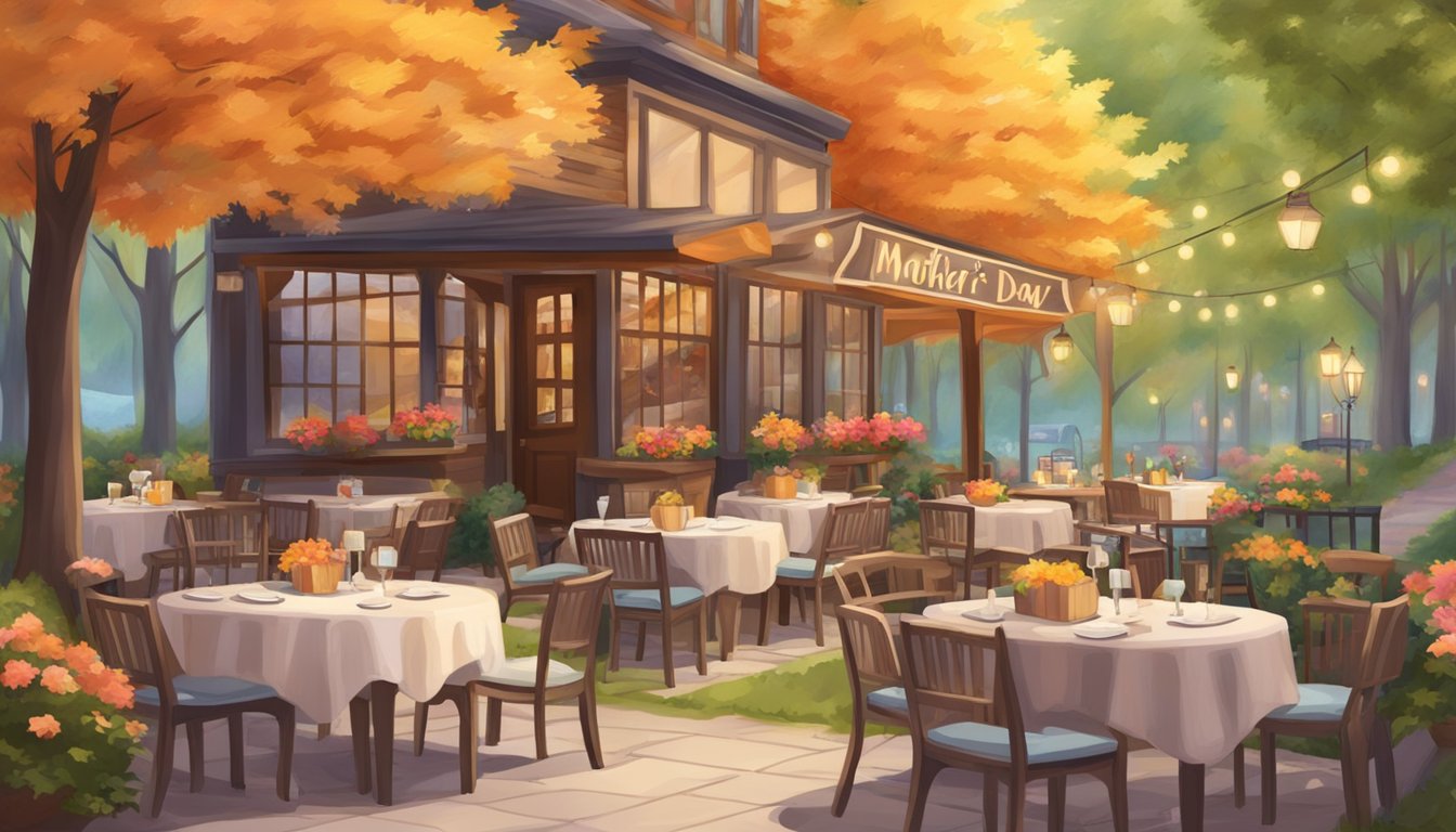 A cozy bistro with outdoor seating, surrounded by colorful maple trees and adorned with festive Mother's Day decorations