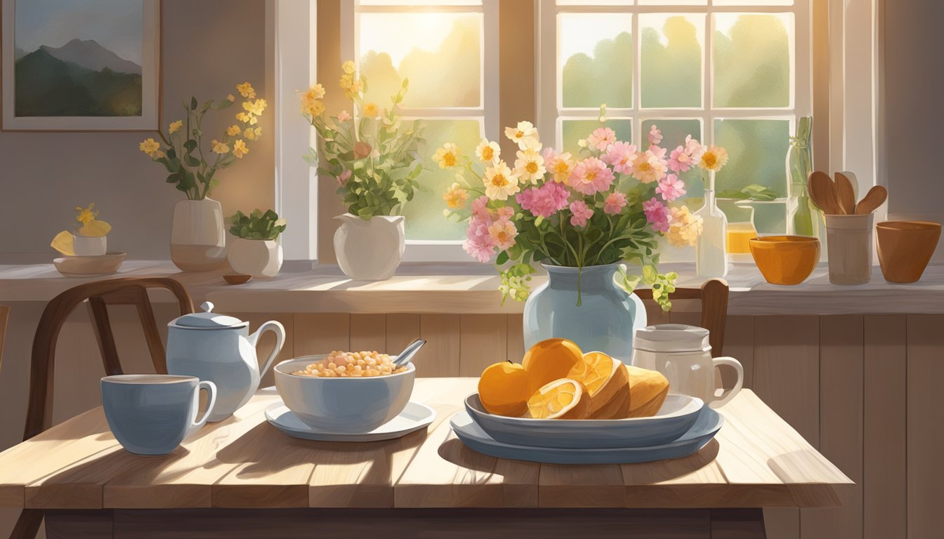 A cozy breakfast nook with a rustic wooden table, fresh flowers, and artisanal dishes displayed on the table. Sunlight streams in through the window, casting a warm glow over the scene