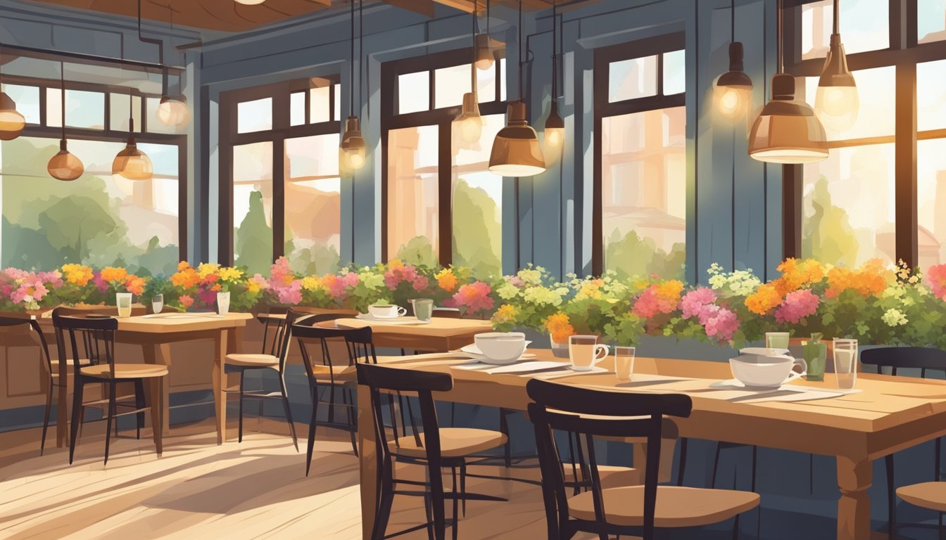 A cozy, sunlit cafe with rustic wooden tables adorned with fresh flowers. Plates of colorful, mouthwatering brunch dishes are being served by attentive staff