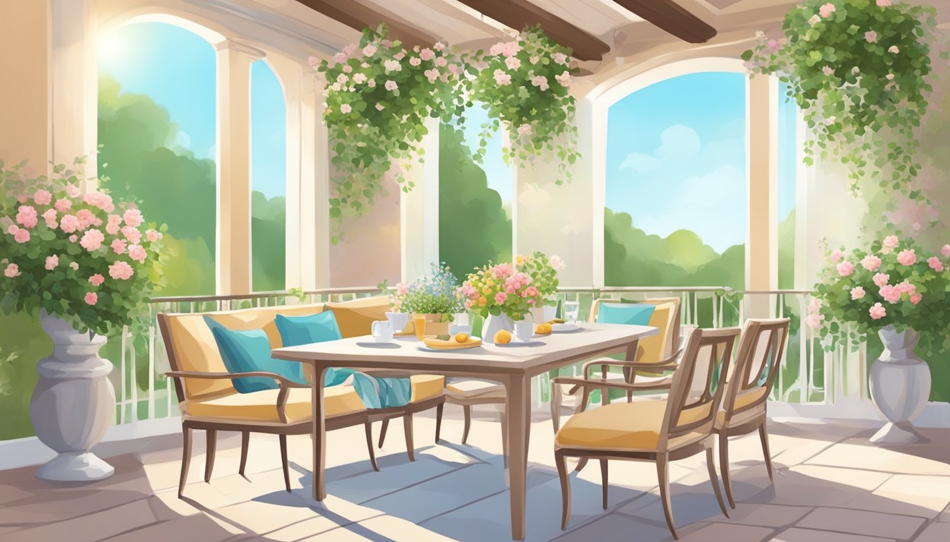 A sunny patio with elegant tables set for brunch, surrounded by blooming flowers and lush greenery. A cozy parlor with soft pastel decor and inviting seating