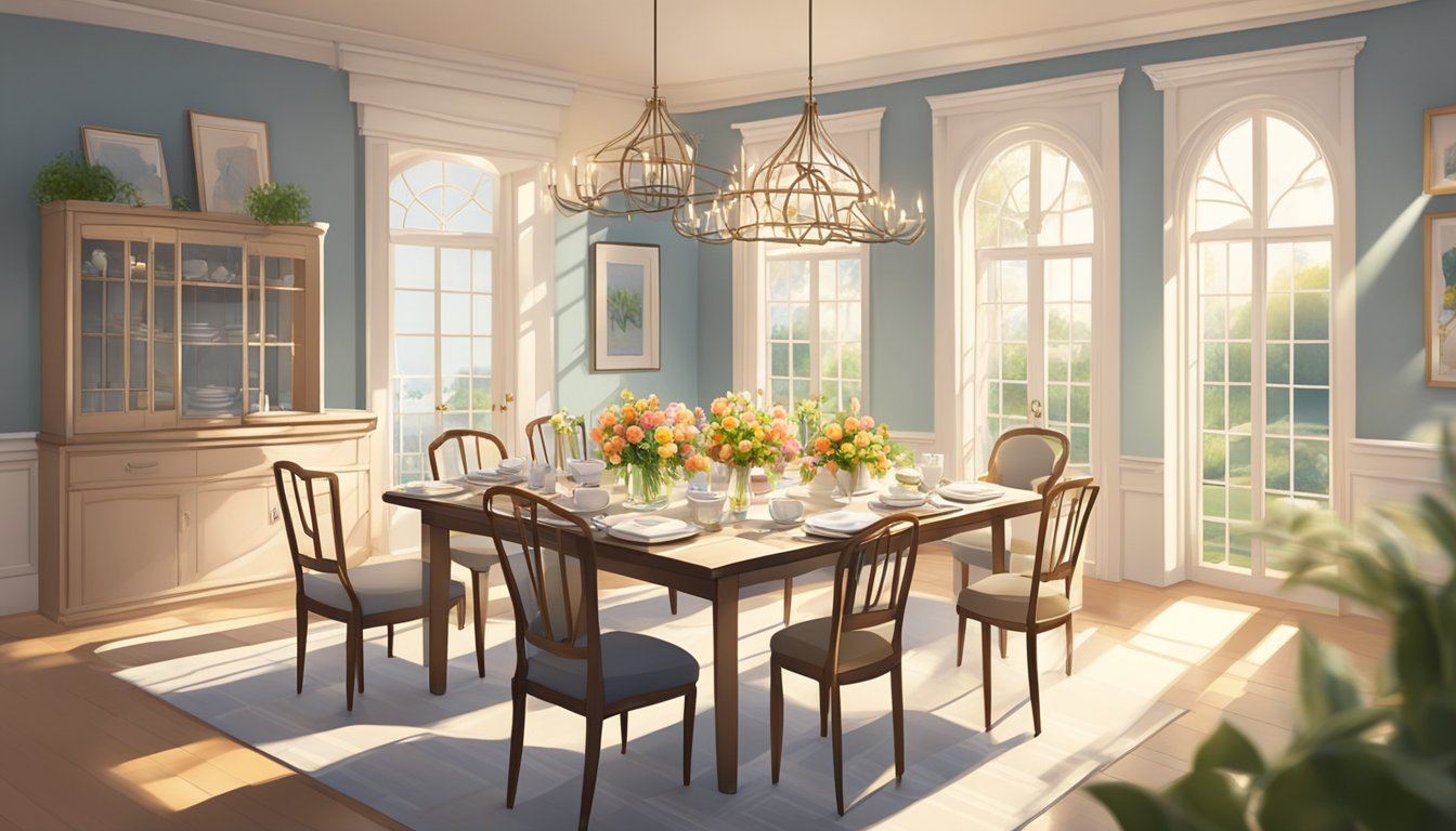 A cozy dining room with elegant tables set for brunch, adorned with fresh flowers and delicate place settings. Sunlight streams in through large windows, casting a warm glow over the room