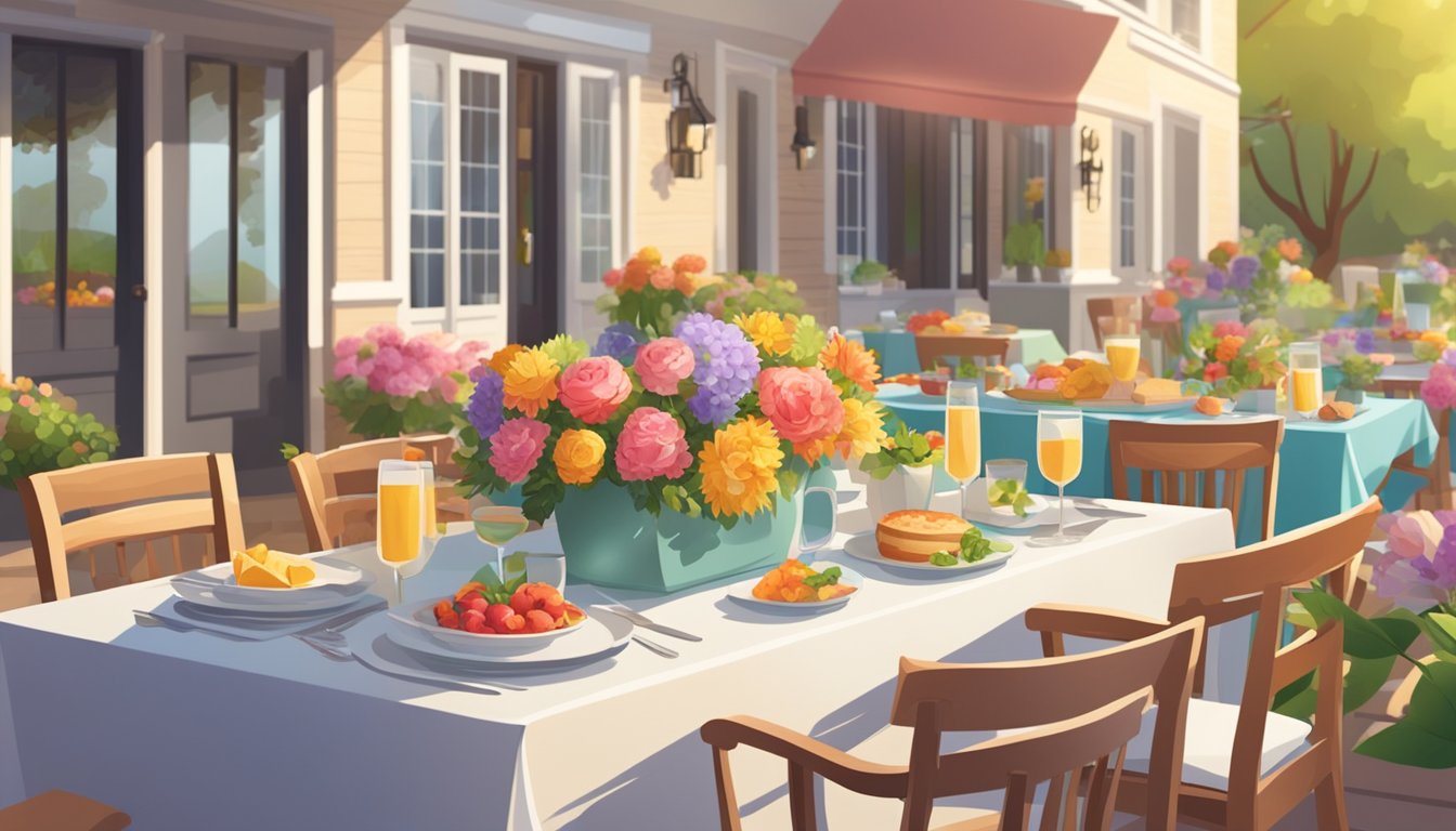 A sunny outdoor patio filled with beautifully set tables, colorful floral arrangements, and delicious food being served to happy families celebrating Mother's Day