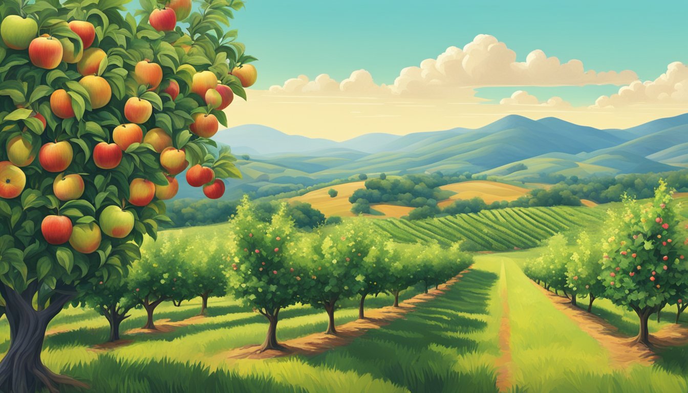 Lush apple orchards in Texas, with rolling hills and rows of fruit-laden trees under a bright blue sky