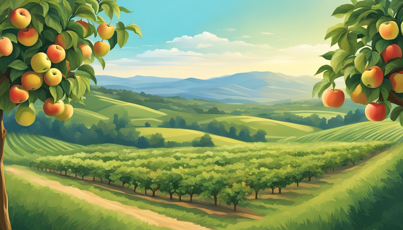 Lush apple orchards with ripe fruit, rolling hills, and a clear blue sky