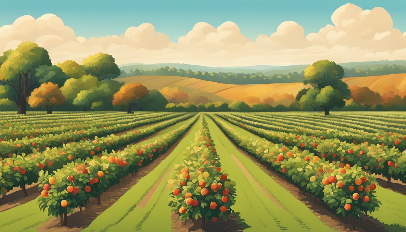 Lush apple orchards in Texas, with rows of trees heavy with ripe fruit, under a clear autumn sky