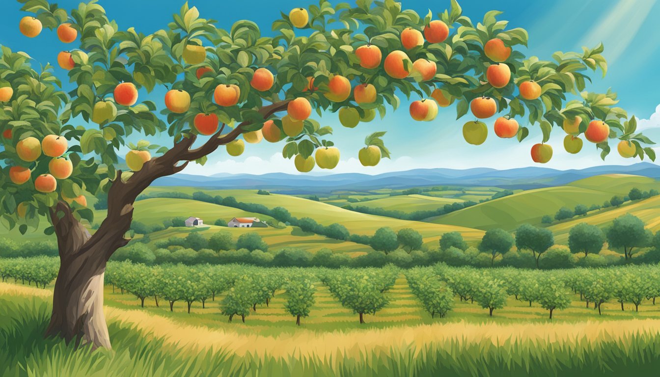 Lush apple orchards in Texas, trees heavy with ripe fruit. Rolling hills in the background, under a clear blue sky