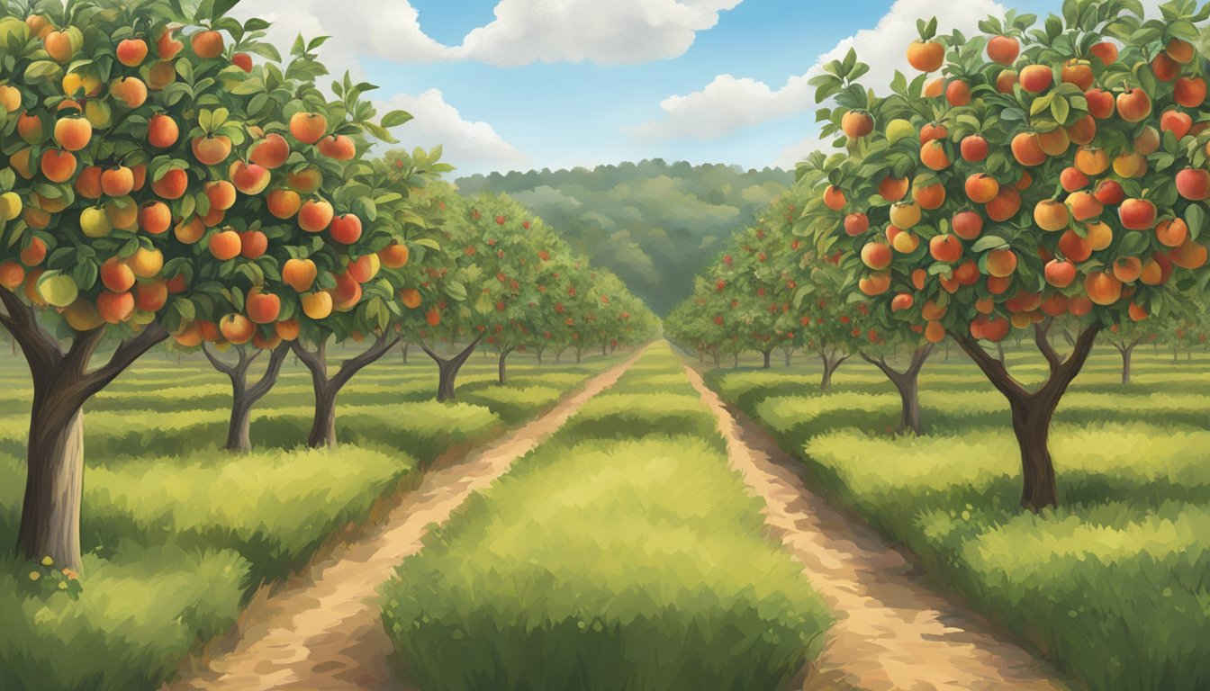 Five apple farms and orchards in Texas, each showcasing different varieties of apples, with trees bearing ripe fruit ready for picking