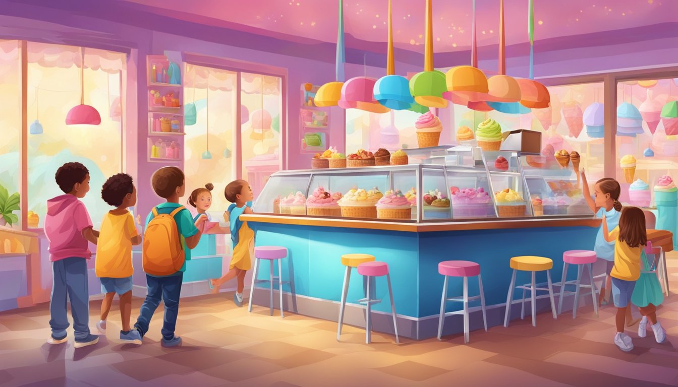 A colorful ice cream shop with a variety of flavors and toppings, filled with happy children enjoying their sweet treats