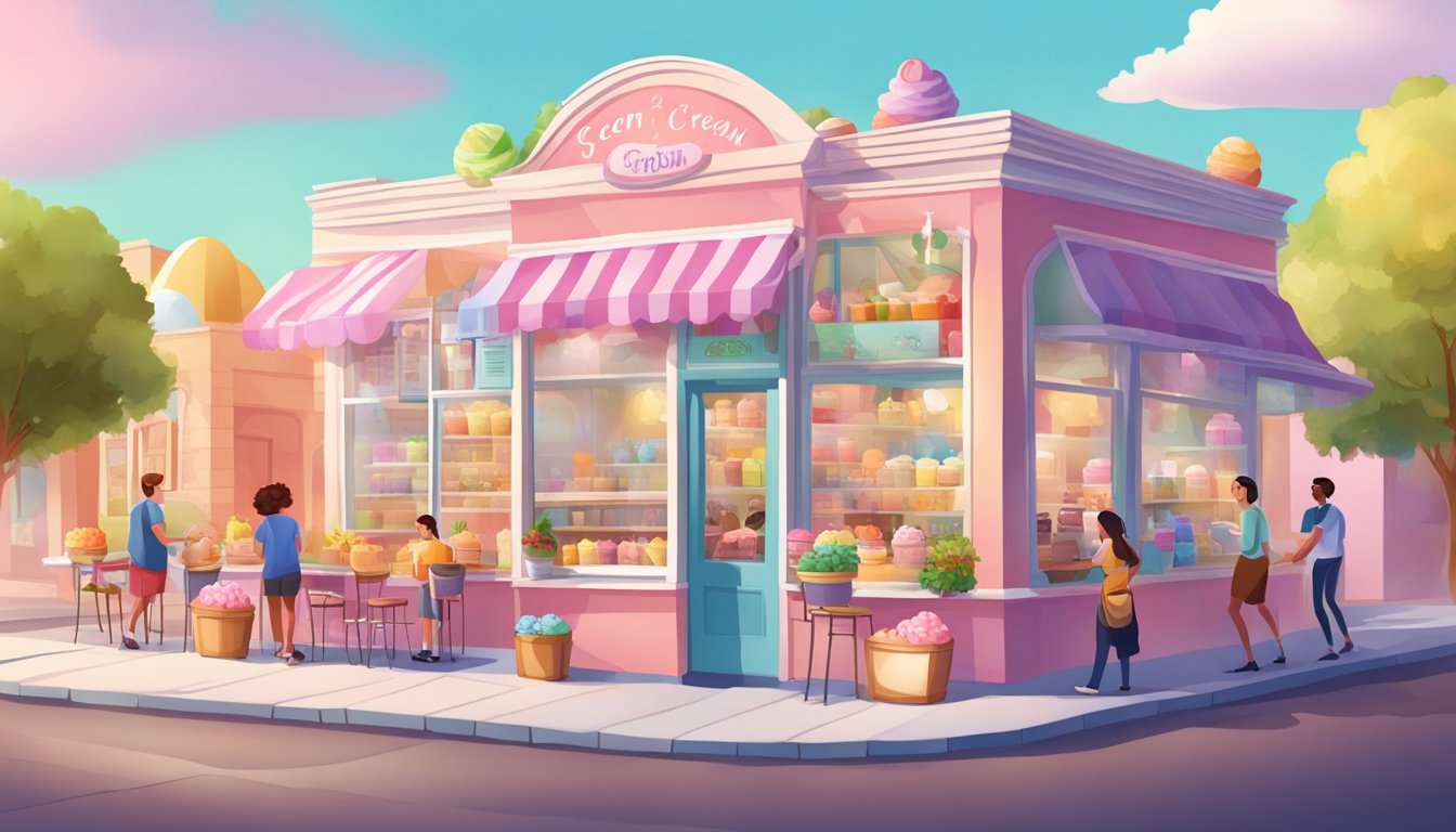 A colorful ice cream parlor with a charming storefront, cheerful signage, and a line of excited customers waiting to order sweet treats