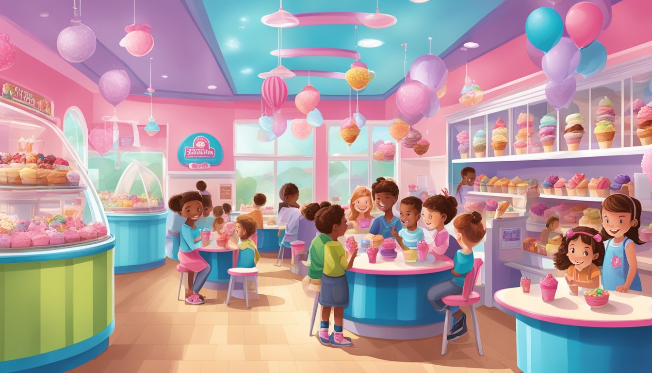 A colorful Baskin-Robbins ice cream shop filled with happy children enjoying sweet treats on Valentine's Day