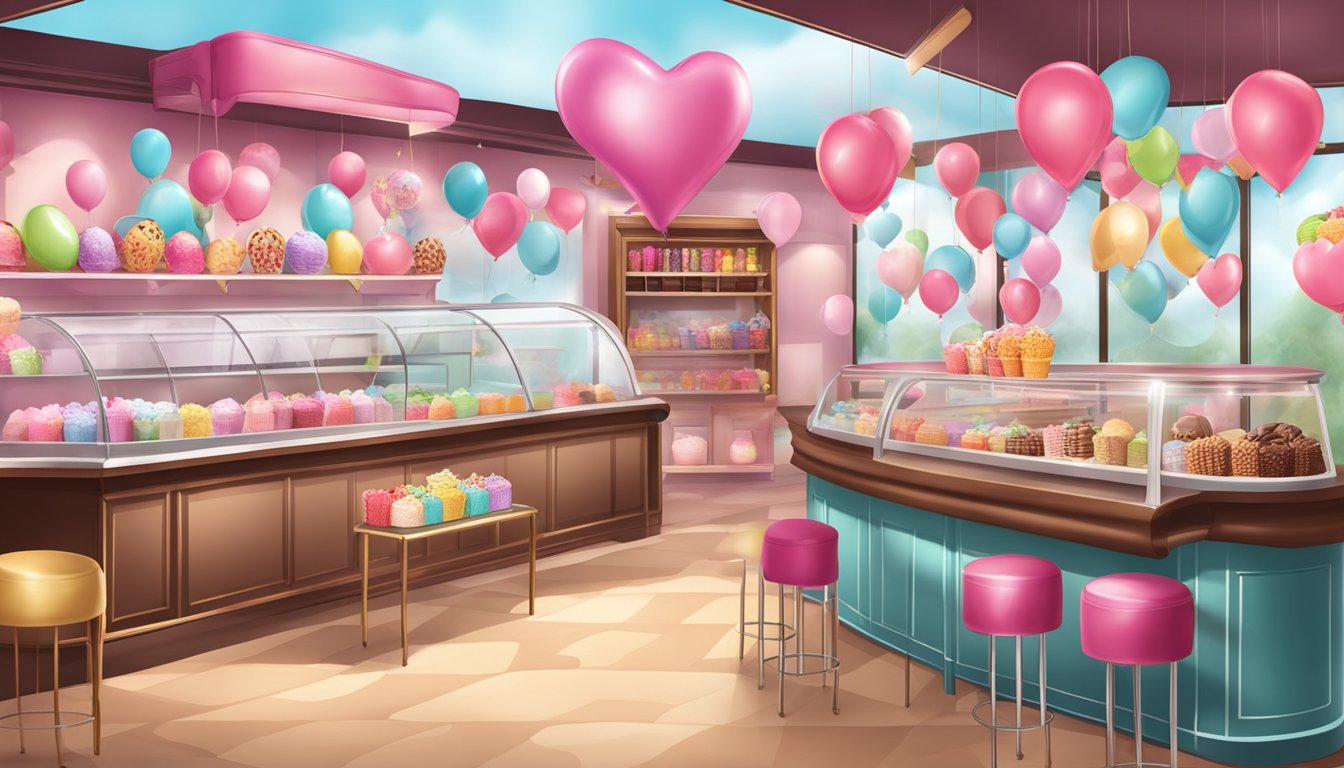 A vibrant ice cream shop with heart-shaped balloons and a display of decadent chocolates