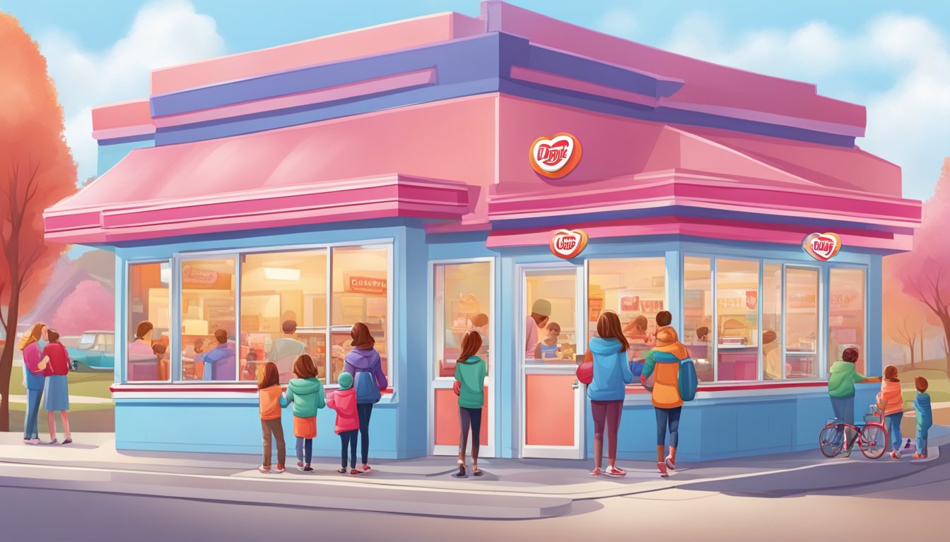 A colorful Dairy Queen store with a line of families and kids eagerly waiting for their Valentine's Day ice cream treats