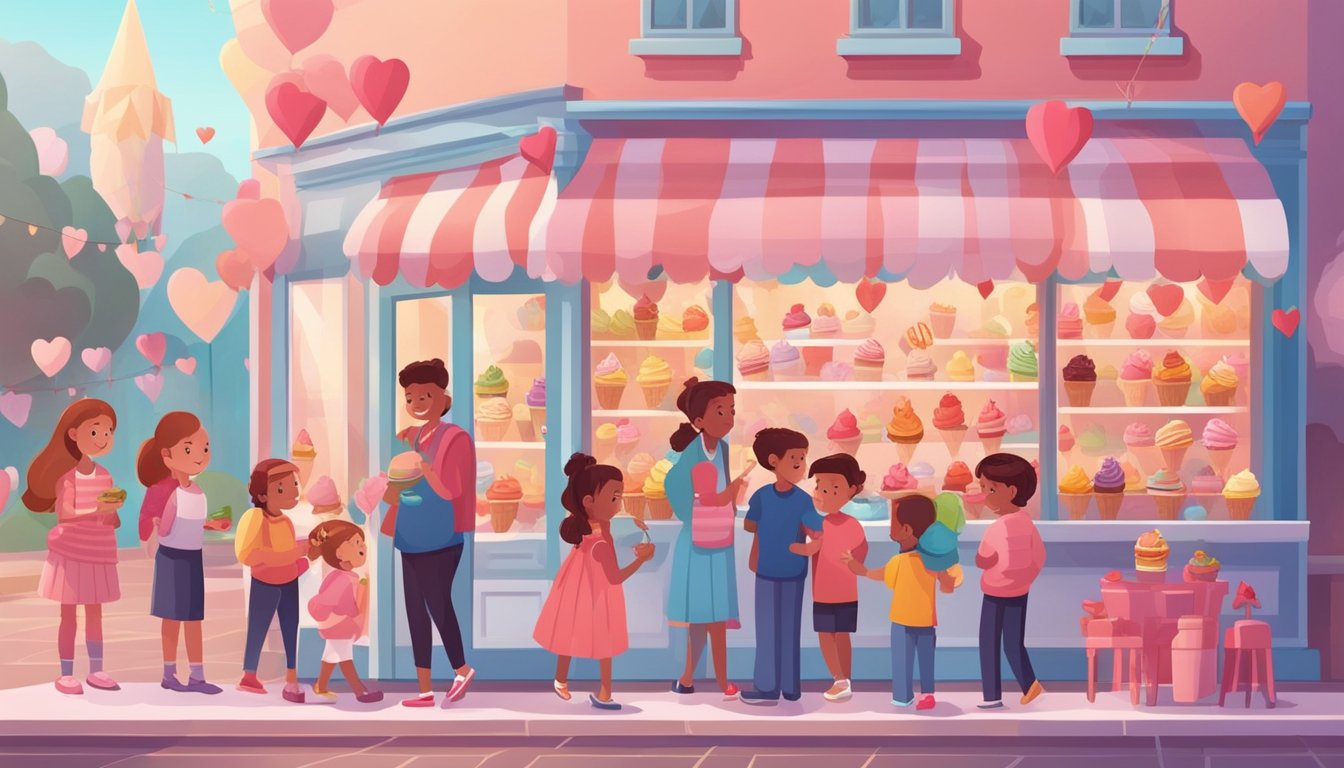 A colorful ice cream shop with a line of eager kids and parents, surrounded by heart-shaped decorations and Valentine's Day themed treats