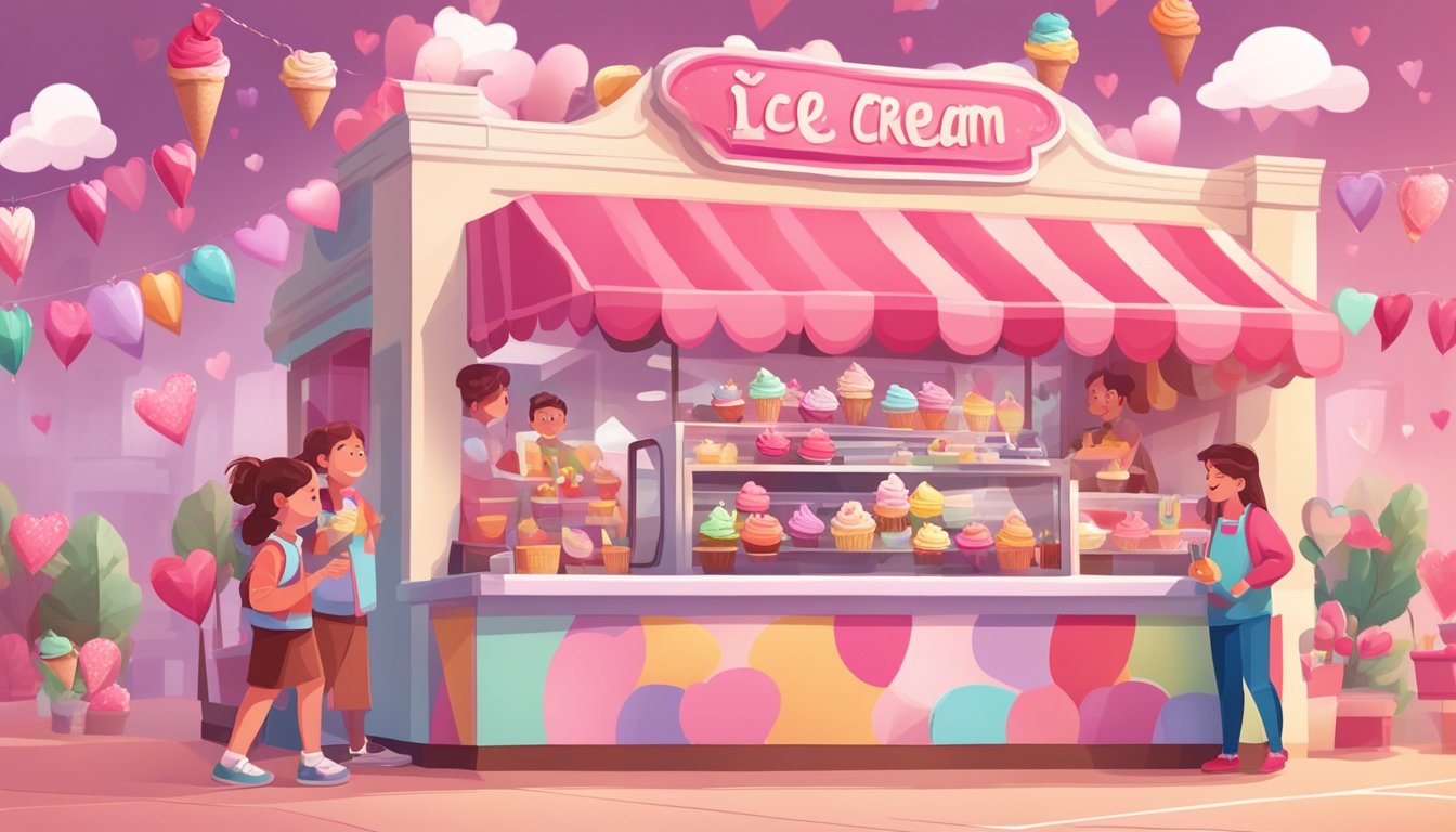 A colorful ice cream shop with a line of excited kids and parents, surrounded by heart-shaped decorations and Valentine's Day themed treats