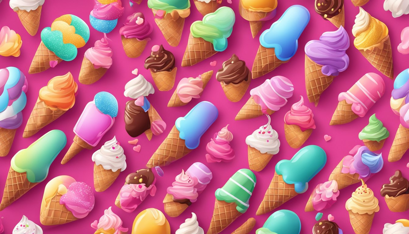 A colorful ice cream bar with 10 different flavors displayed on a festive valentine-themed backdrop