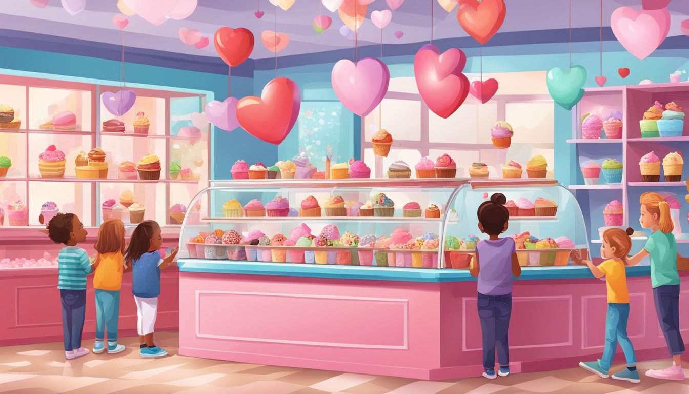 Colorful ice cream shop with kids enjoying treats, heart-shaped decorations, and Valentine's Day themed flavors displayed