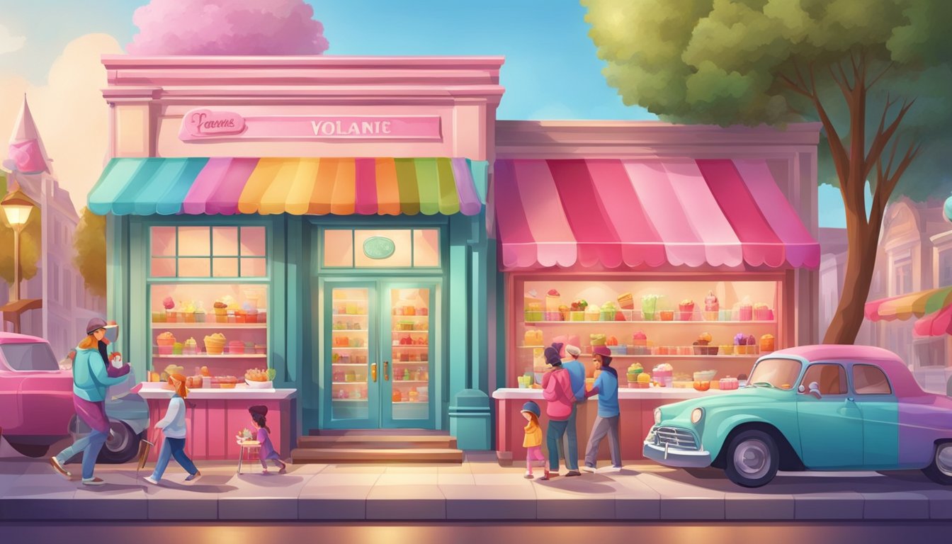 A colorful ice cream shop with families enjoying sweet treats on Valentine's Day