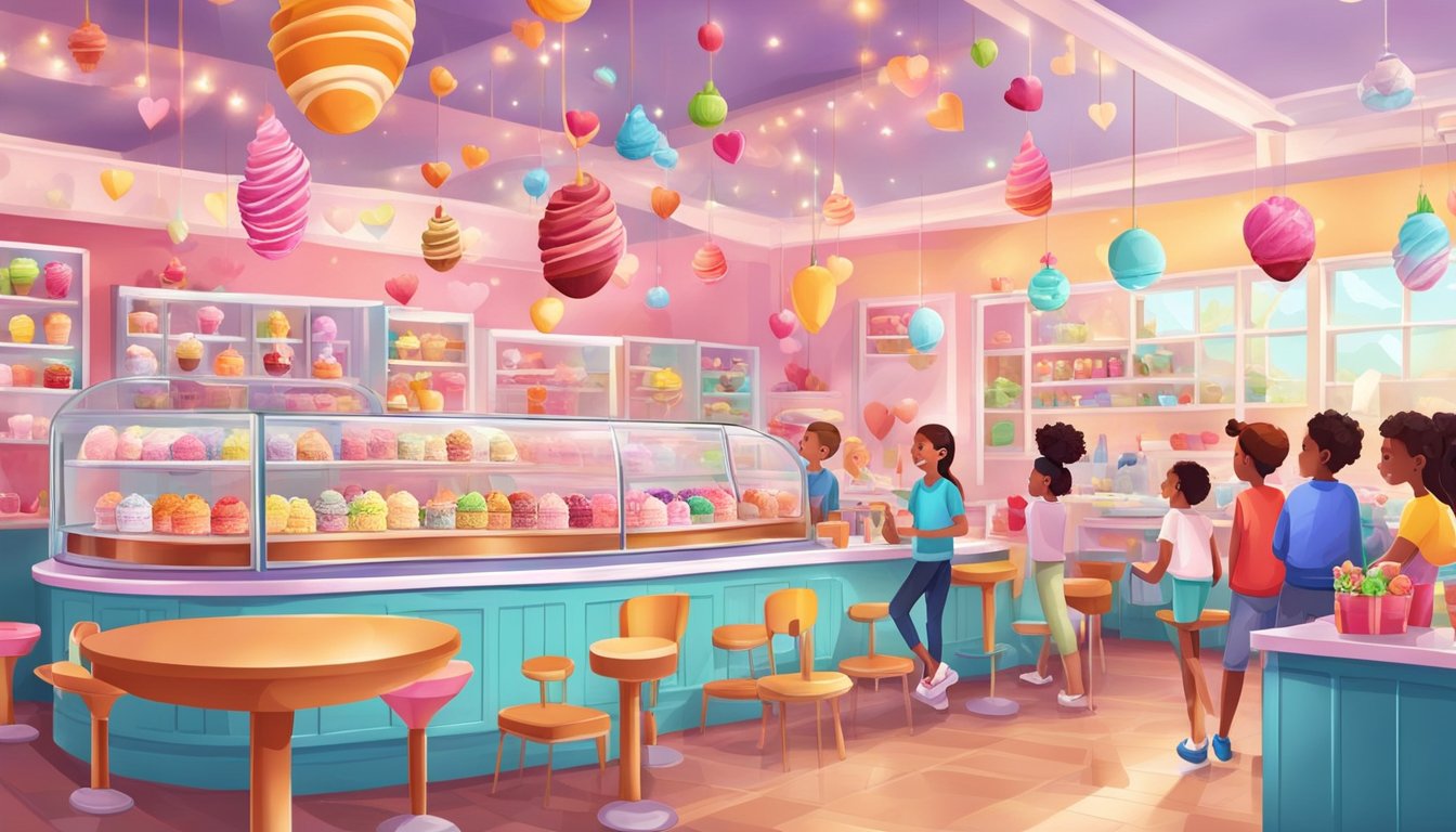 A colorful ice cream parlor with a variety of flavors and toppings, kids happily choosing their favorite treats for Valentine's Day