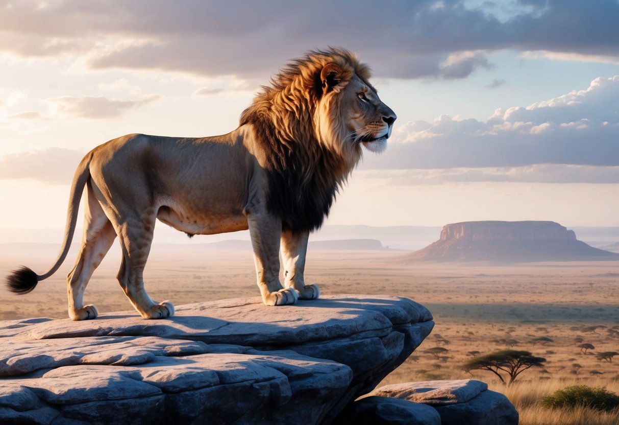 A majestic lion standing proudly on a rocky outcrop, its mane flowing in the wind as it gazes out over the vast savannah