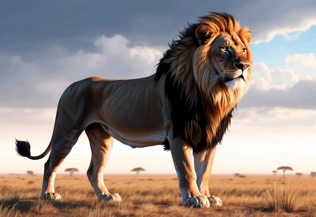 A lion stands proudly on a savanna, its mane flowing in the wind. A sense of power and majesty radiates from the regal creature