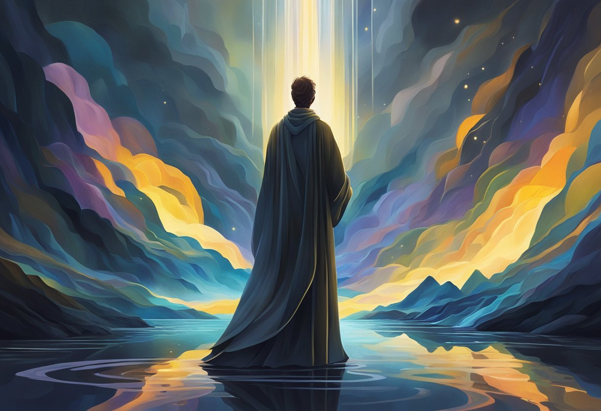 A serene figure bathed in light, standing amidst a dark and chaotic world, radiating peace and faith