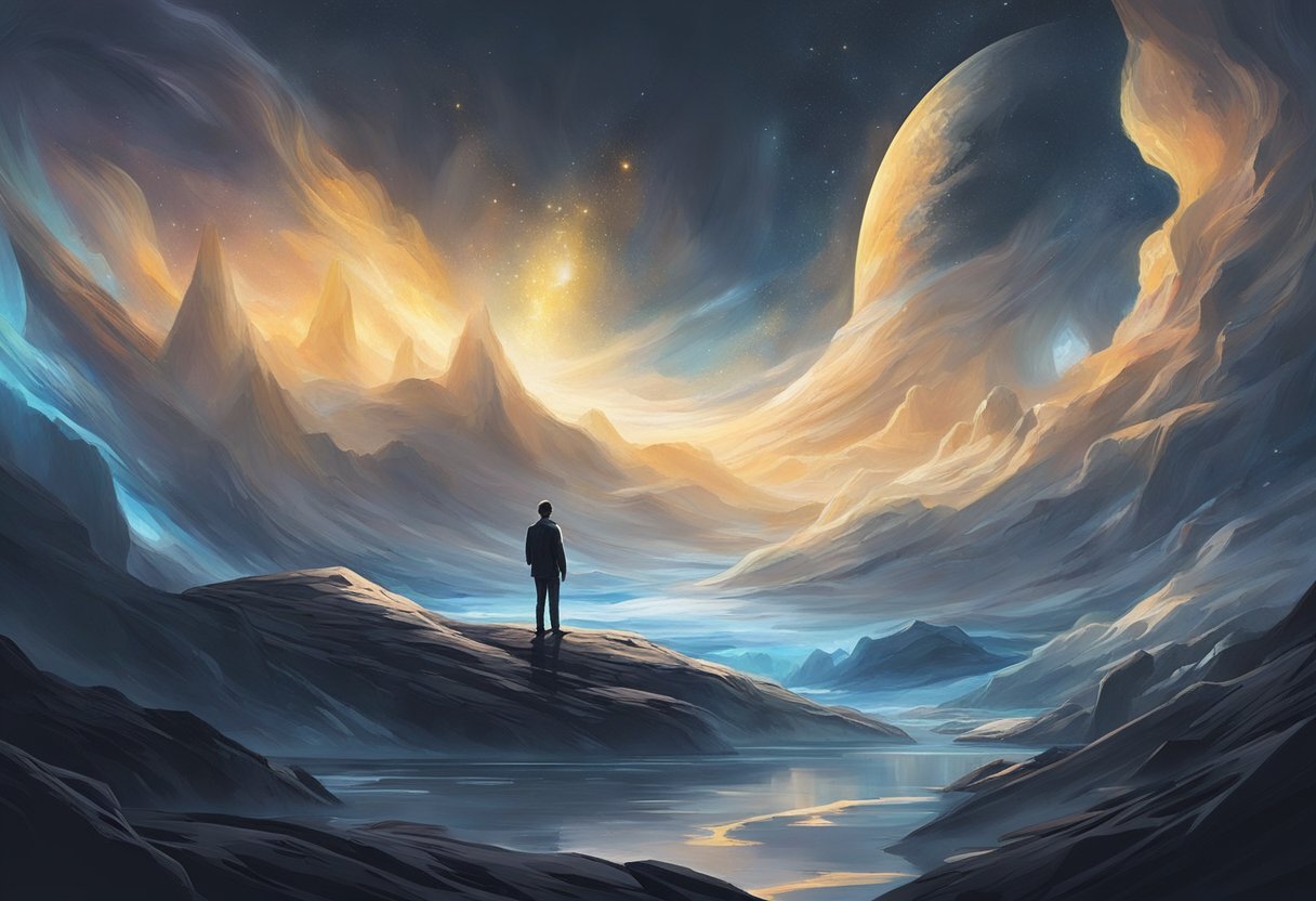 A serene, glowing figure stands amidst a dark, chaotic world, radiating purity and light, while the surrounding environment is filled with darkness and turmoil