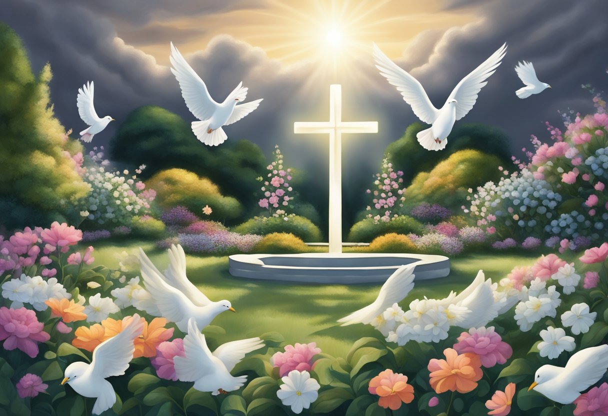 A serene garden with a glowing cross, surrounded by pure white doves and flowers, while dark clouds loom in the background