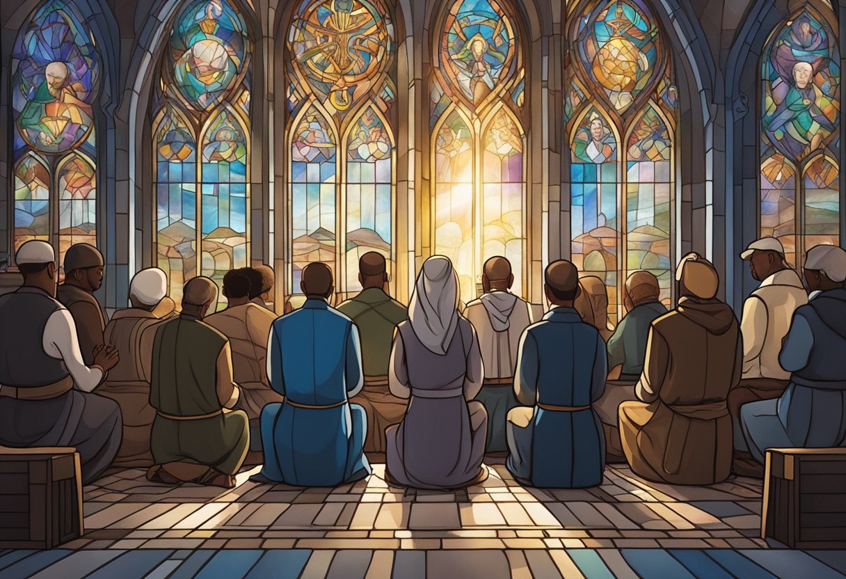 A group of diverse individuals gathered in prayer, surrounded by symbols of faith and unity. Light shines through stained glass windows, illuminating the peaceful atmosphere