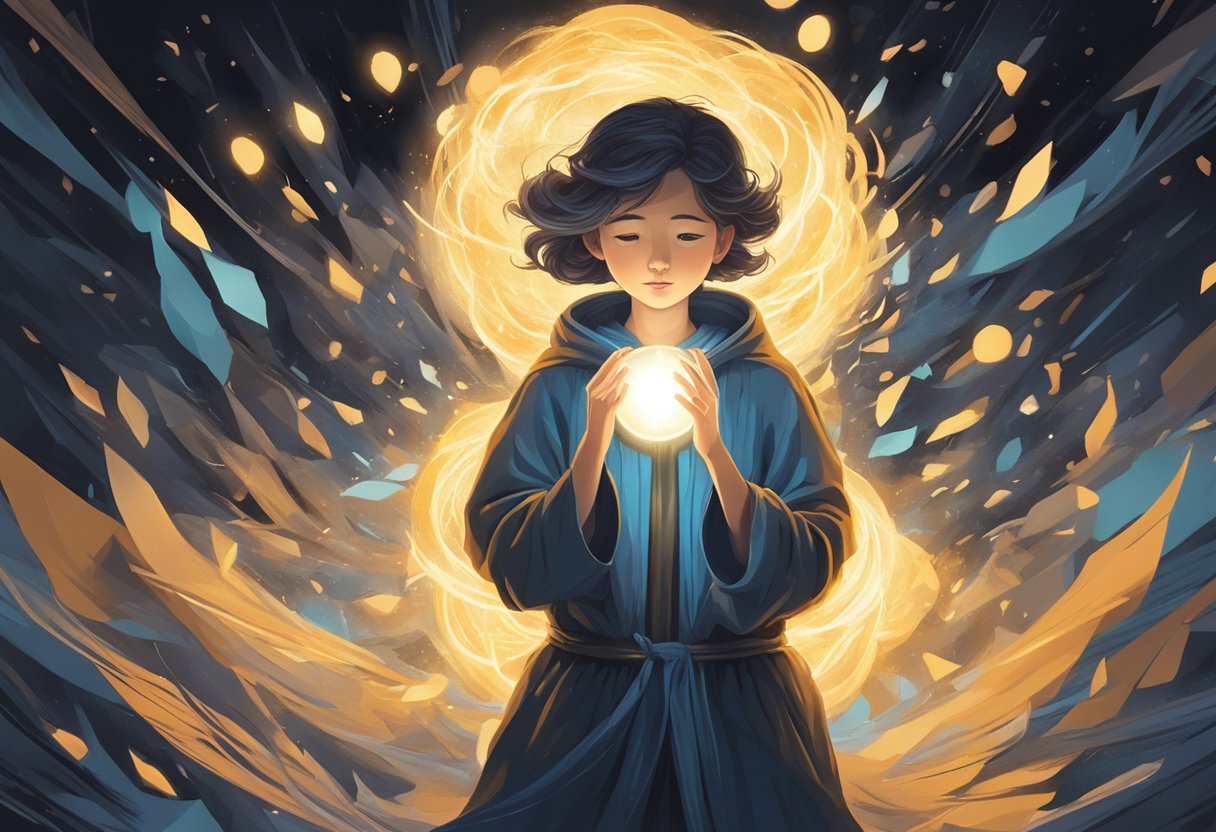 A serene figure surrounded by darkness, holding a glowing light amidst the chaos