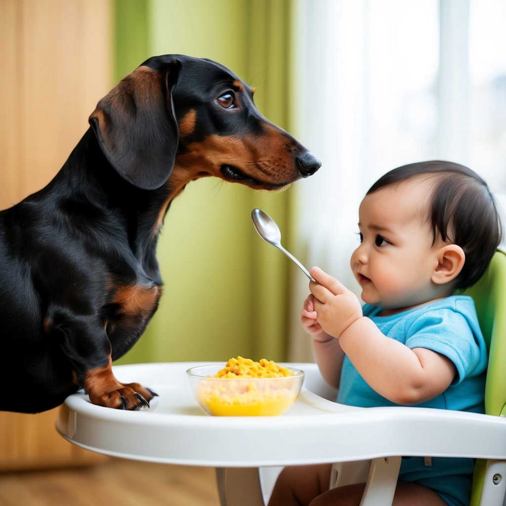A dachshund stands on hind legs, eyeing a baby in a high chair. The baby looks back, holding a spoon with food