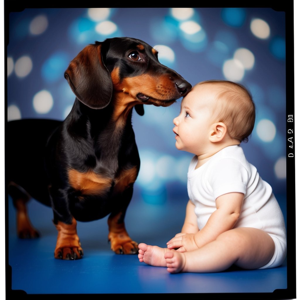 A dachshund and a baby face off, eyeing each other with curiosity and determination. The dachshund stands tall, while the baby sits with a mischievous glint in their eyes