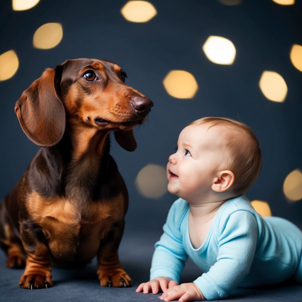 A dachshund and a baby peacefully coexist, with the dachshund looking up at the baby in a playful yet respectful manner