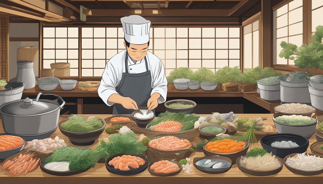 A chef carefully prepares shirako, fish sperm sacs, in a traditional Japanese kitchen, surrounded by various fresh seafood ingredients