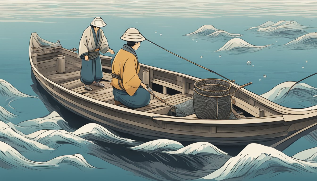 A traditional Japanese fishing boat surrounded by calm waters, with a fisherman holding a net full of shirako, the creamy fish sperm delicacy